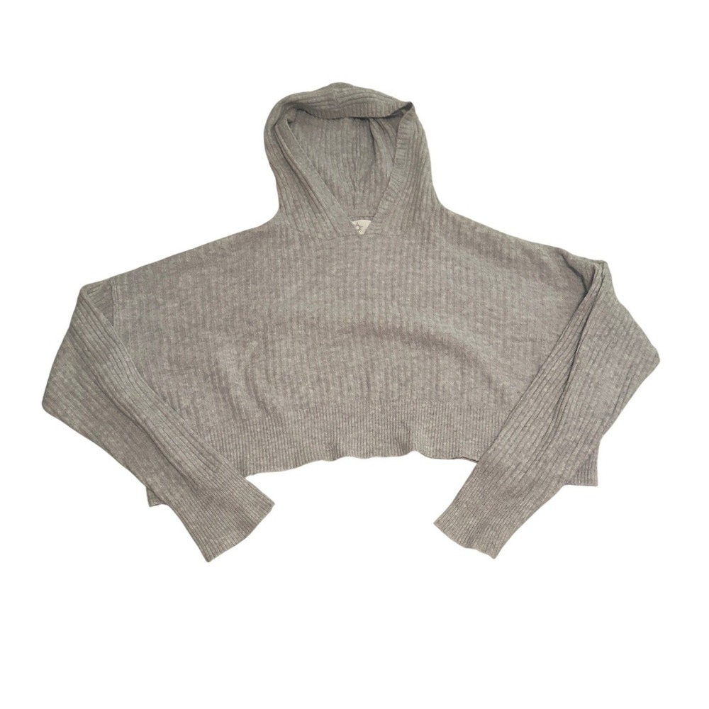 OFFLINE by Aerie Womens Large Heather Grey Ribbed Knit Cropped Hoodie Pullover